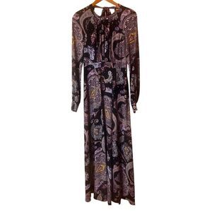 Vintage Express Long Sleeve Keyhole Tie & Open Back Paisley Print Maxi Dress